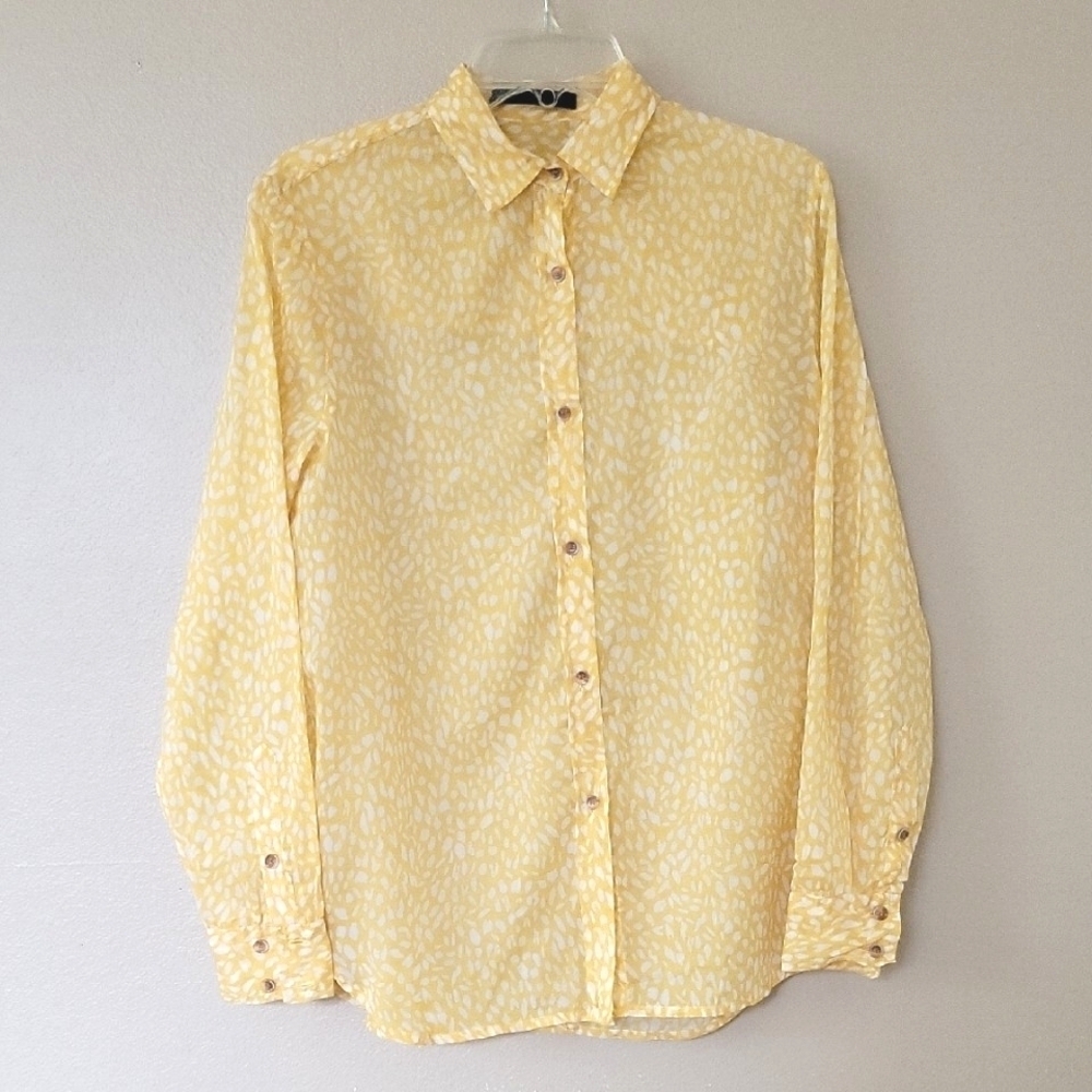 Jenni Kayne Yellow White Spotted Cotton Button Down Shirt - Size Large